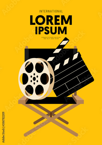 Movie and film poster design template background with film reel and clapperboard