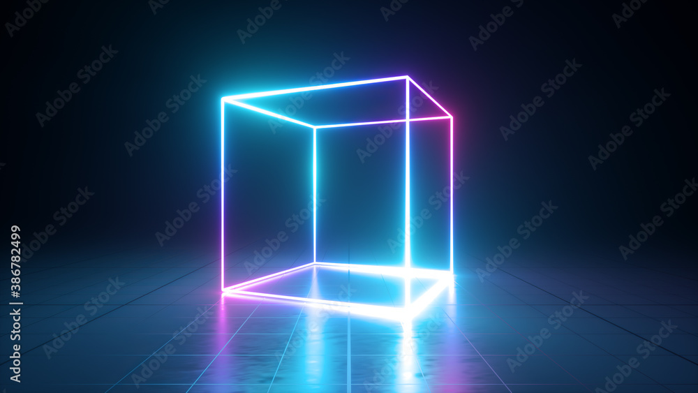 3d render, abstract geometric ultraviolet background, blue neon cube ...