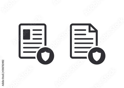 Document icon. Paper icon. File access. Document protection. File security. Data protection. Personal information security. Profile icon. Personal document. Identification card. Shield icon. Insurance