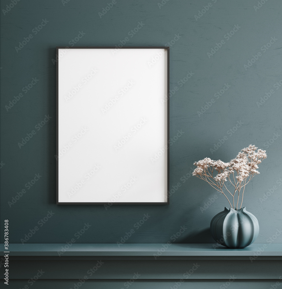 Mockup poster frame close up on wall with decor, 3d render - obrazy, fototapety, plakaty 