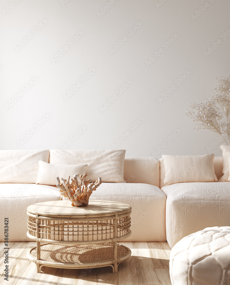 Fototapeta premium Modern living room interior with stylish sofa, coral on rattan table, 3d render