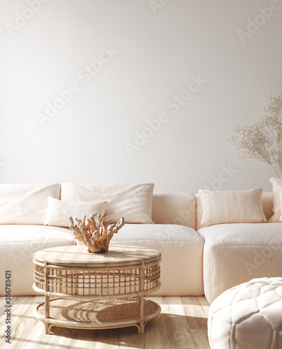 Modern living room interior with stylish sofa, coral on rattan table, 3d render