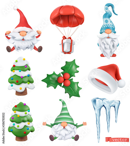 Christmas cartoon 3d vector icon set. Santa claus, santa hat, dwarves, tree, gift, icicle, holly