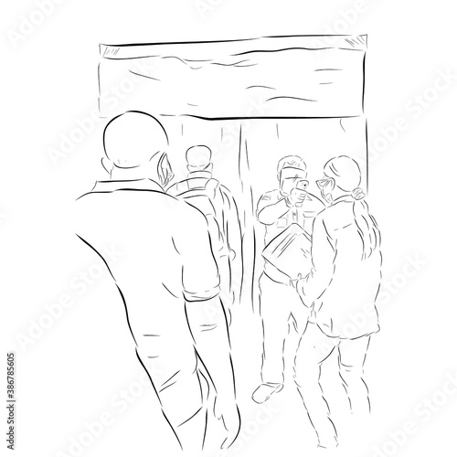 Simple Vector Hand Draw Sketch, Queues People, Body Temperature Check Before Entering Desinfectant Chamber, health protocols during a pandemic Covid-19
