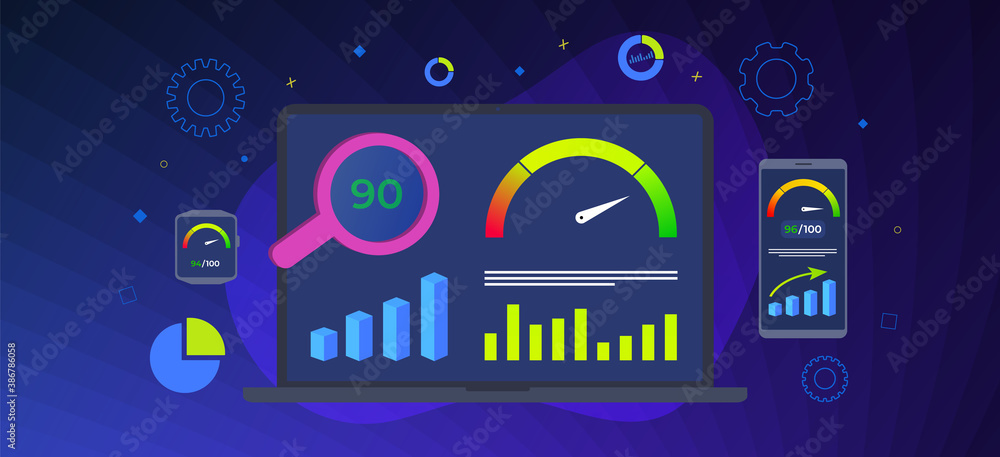 Website Page Speed Optimization horizontal vector banner. Loading time analysis - site speed seo services. Laptop, smartphone and smartwatch with graphs and charts on the screen.