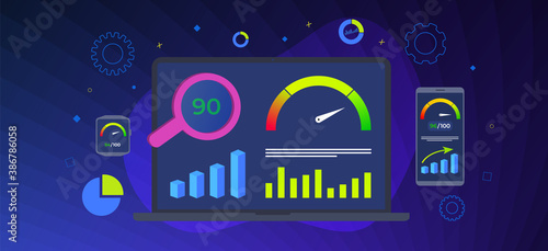 Website Page Speed Optimization horizontal vector banner. Loading time analysis - site speed seo services. Laptop, smartphone and smartwatch with graphs and charts on the screen.