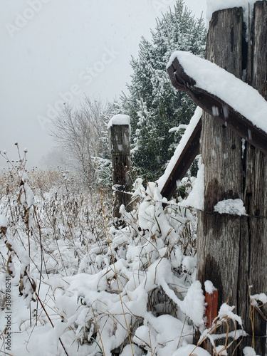 Snow covered wooden fence with barbed wire. Vertical photo.