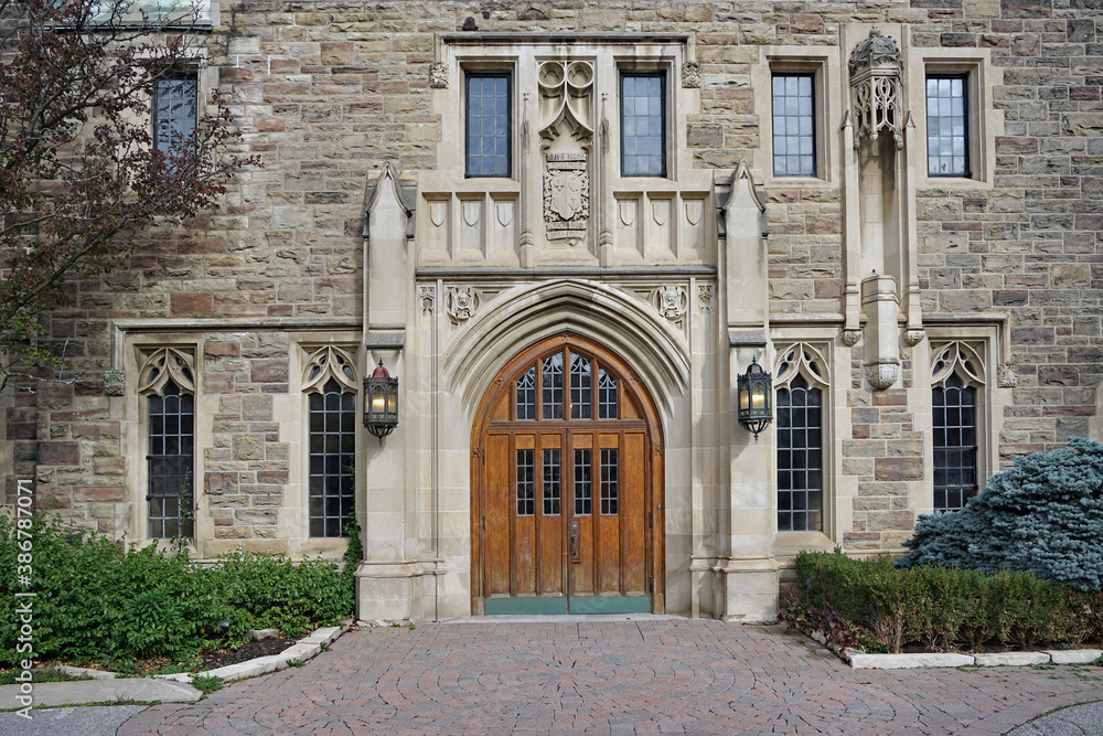 entrance to a Catholic secondary in a  gothic building
