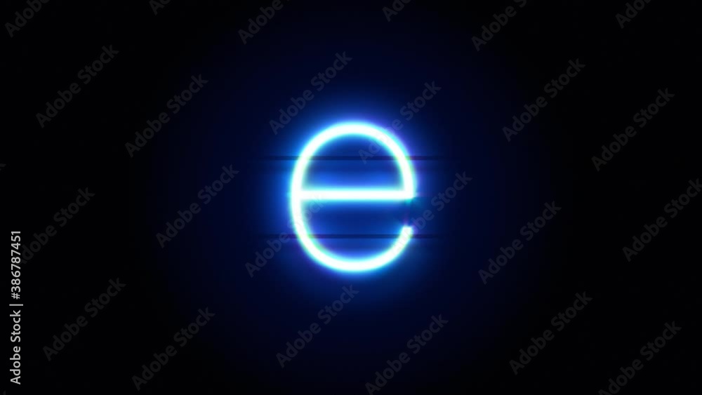 Neon font letter E lowercase appear in center and disappear after some time. Animated blue neon alphabet symbol on black background. Looped animation. Neon font letter E lowercase appear in center and disappear after some time. Animated blue neon alphabet symbol on black background. Looped animation.