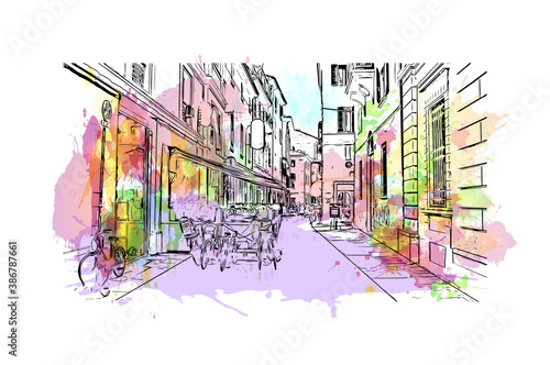 Building view with landmark of Bologna is the capital and largest city of  Northern Italy. Watercolor splash with hand drawn sketch illustration in vector.