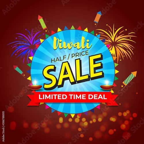 Diwali Festive Season Sale banner, up to 50% cashback. Limited offer Dipawali, Indian festival, diya lamp, oil lamp, colorful bokeh background, vector illustration offer banner, advertisement