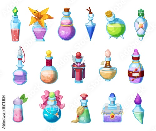 Potion bottles vector icons, magic elixir in glass flasks, cartoon design elements for magic gui or rpg games. Witch poison , halloween party objects alchemy liquid set isolated on white background