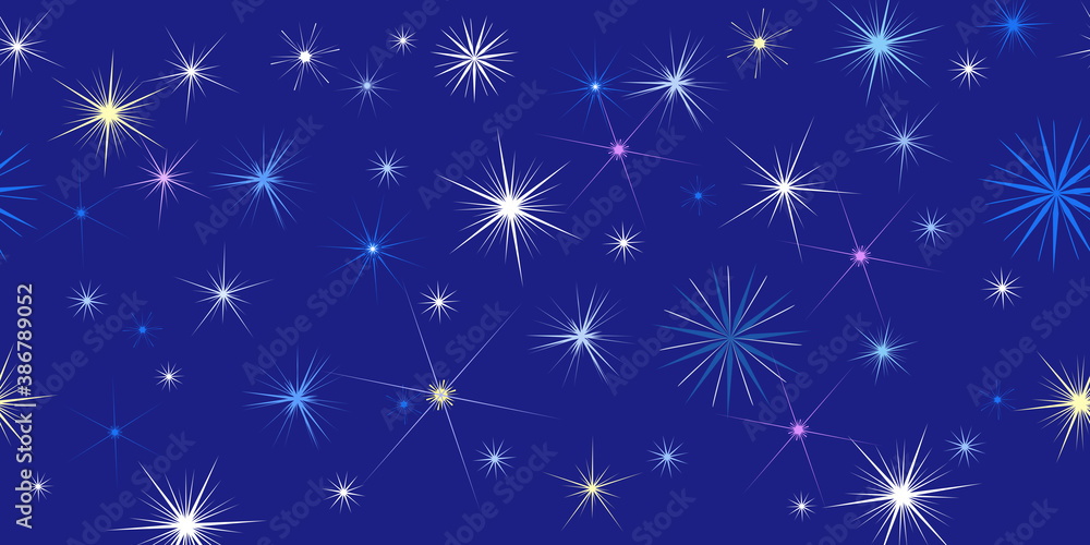 Repeating vector border of various stars against a night sky. Repeating vector border of various stars against a night sky.