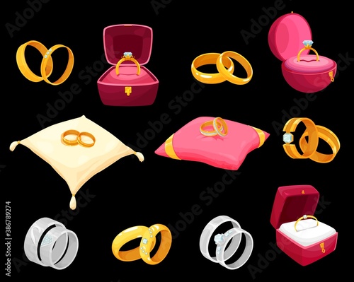 Golden rings in luxury boxes for wedding or engagement vector icons. Gold jewelry decorated with precious gemstones lying on soft pillow or red cases of square and round shape isolated cartoon set