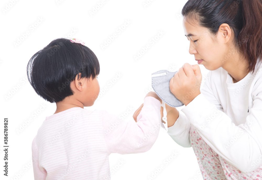 Daughter and mother are analyzing how to wear masks Daughter and mother are analyzing how to wear masks