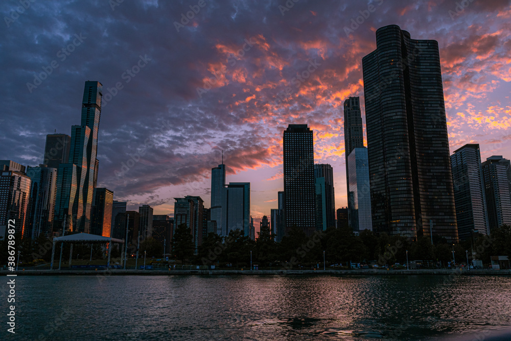 city skyline at sunset in Chicago IL.