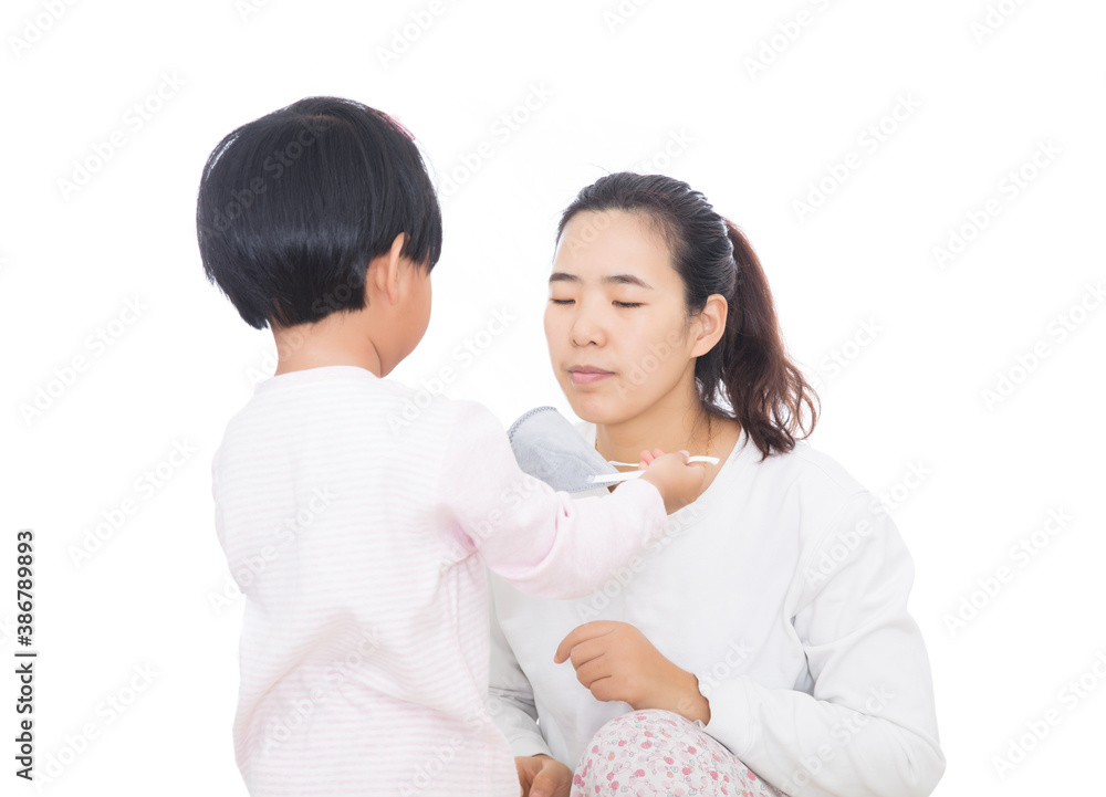 Daughter and mother are analyzing how to wear masks Daughter and mother are analyzing how to wear masks