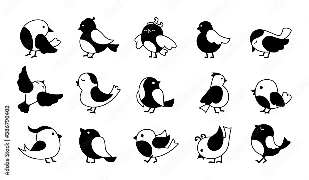 Bird in different pose black glyph cartoon set. Cute little flying birds. Hand drawn flat abstract icon. Modern trendy logo. Vector illustration Bird in different pose black glyph cartoon set. Cute little flying birds. Hand drawn flat abstract icon. Modern trendy logo. Vector illustration