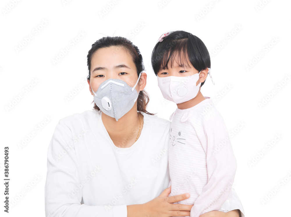 Mom and daughter wearing masks in front of white background