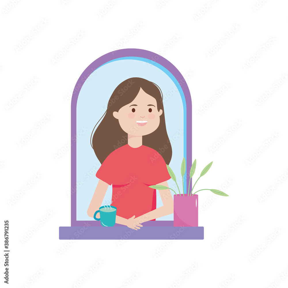 young woman with coffee cup looking out the window young woman with coffee cup looking out the window