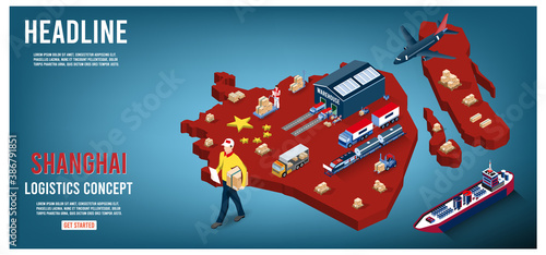 Modern isometric concept of Shanghai Logistics Landing page with Global Logistics, Warehouse, Sea Freight. 
Easy to edit and customize. Vector illustration EPS 10