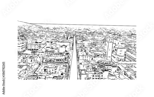 Building view with landmark of Bologna is the capital and largest city of Northern Italy. Hand drawn sketch illustration in vector.