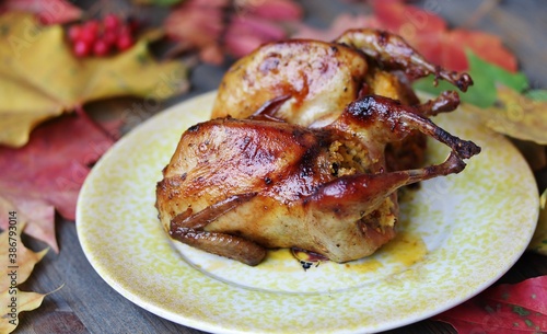 roasted quail stuffed with polenta with dried tomatoes, against the background of autumn leaves. autumn dish. game birds photo