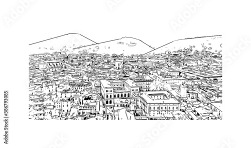 Building view with landmark of Bologna is the capital and largest city of Northern Italy. Hand drawn sketch illustration in vector.