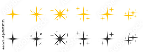 Set of flat black yellow silhouette sparkles symbol icon. Glyph decoration starry twinkle shiny flash. Glitter bright different shape, burst firework glowing light effect Isolated vector illustration