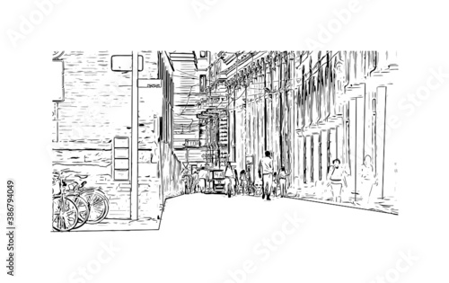 Building view with landmark of Bologna is the capital and largest city of Northern Italy. Hand drawn sketch illustration in vector.