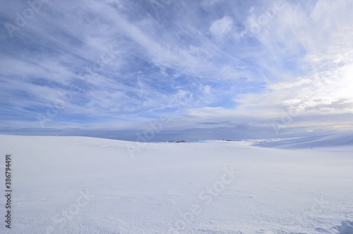 Cold Cirrus Clouds in an otherwise Blue Sky over a Snow Covered Countryside in the Palouse of Eastern Washington State  USA 