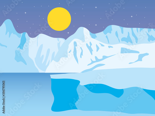cartoon nature winter arctic night landscape with icebergs