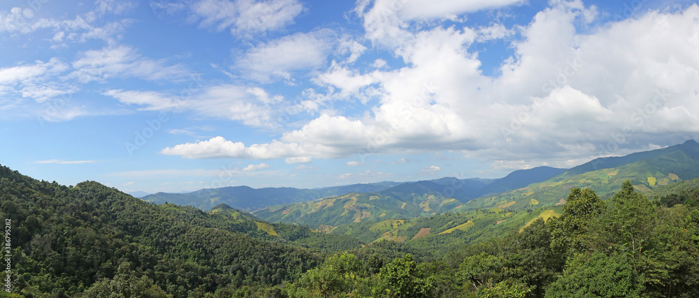 Panorama view of  beautiful rice field and natural on Doi Sakad in Pua district, Nan province of Thailand