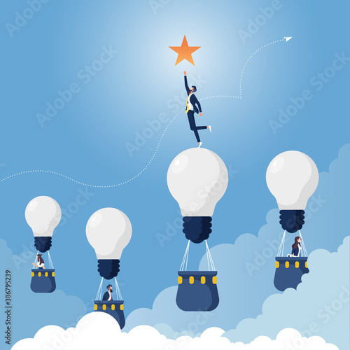 Businessman reaches the star-Achieving goal business concept, Businessman on Glowing light bulb reach star, Representation of creative business idea concept