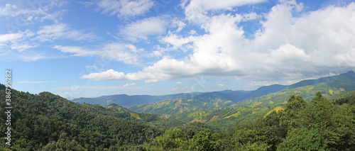 Panorama view of beautiful rice field and natural on Doi Sakad in Pua district, Nan province of Thailand