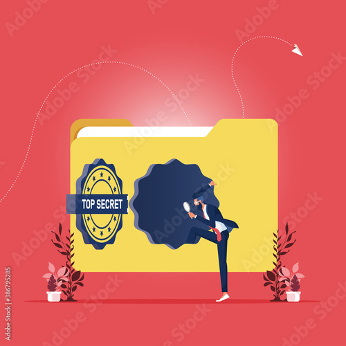 Confidential information-Classified files concept, Paper folder with a Top secret stamp with Businessman holding a magnifying glass, Confidential information, Classified files, Cyber security 