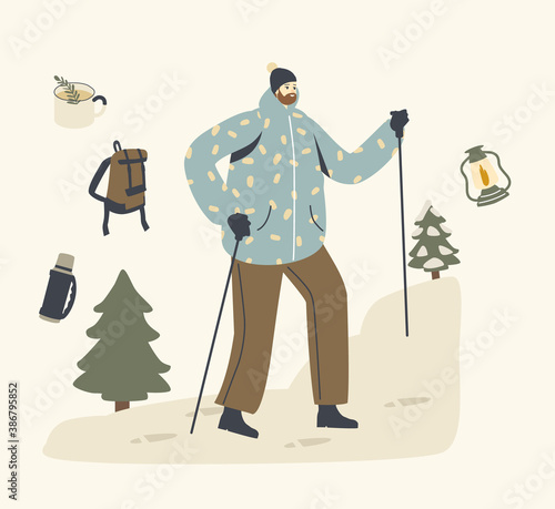 Backpacker with Sticks and Backpack Climbing on Mountain. Male Character in Warm Clothes Enjoying Winter Hiking