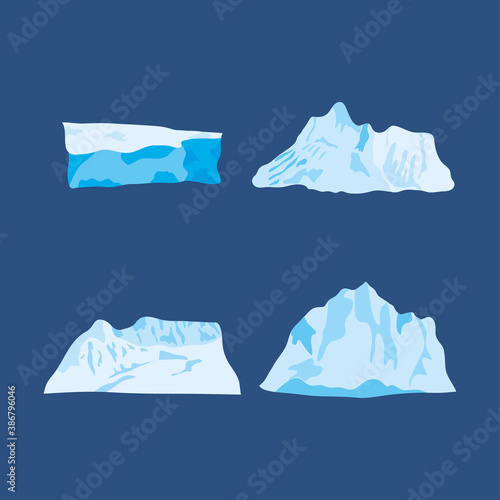icon set of icebergs over blue background