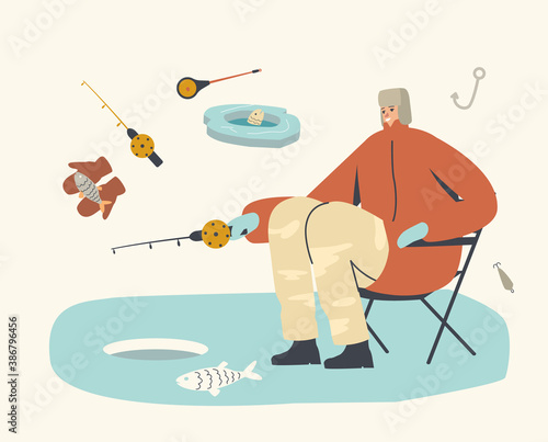 Fisherman Character in Warm Clothes and Earflaps Hat Sitting with Rod on Chair Having Good Catch on Ice Floe in Sea