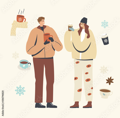 Young Male or Female Characters in Warm Clothes Enjoying Winter Coffee Outdoors. People Drinking Hot Drink at Wintertime