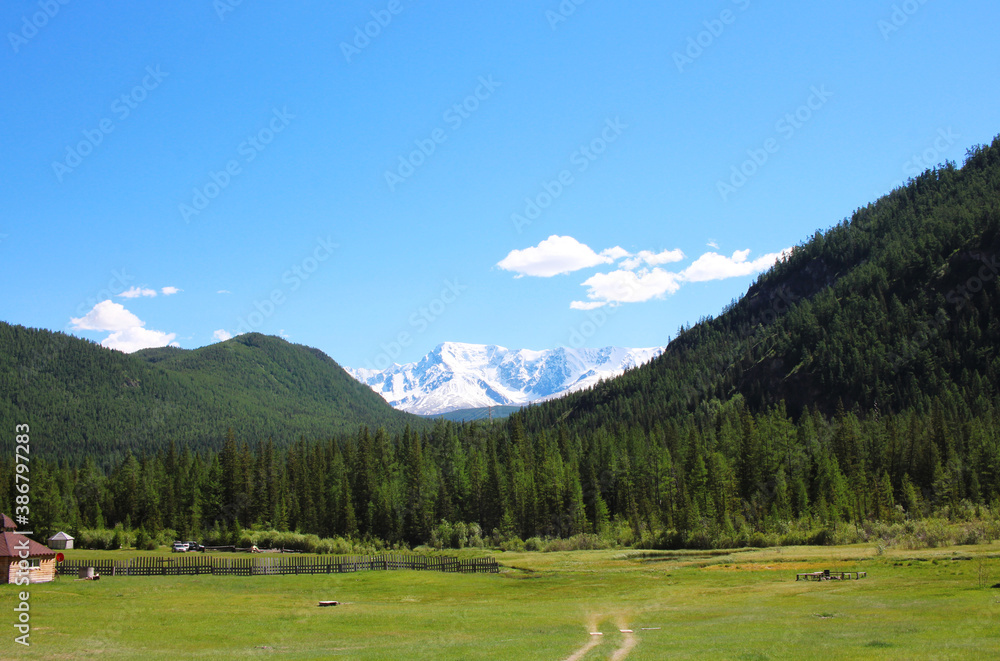 Altai village. Mountain range in the background and green forest