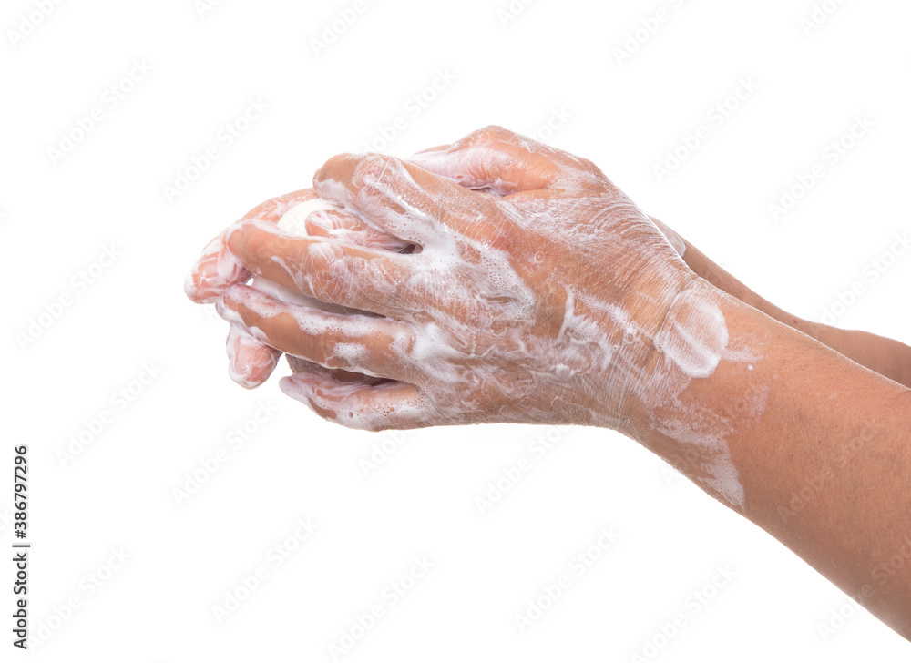 Closeup of washing hands before white background Closeup of washing hands before white background