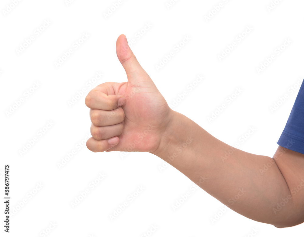 Thumbs up hand in front of white background