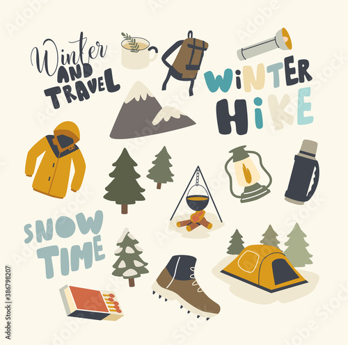 Set of Icons Winter Hike Theme. Backpack, Warm Clothes or Tourist Equipment Cauldron, Tent, Shoes and Matches, Lantern