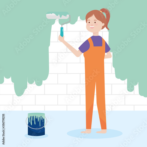 cartoon woman with paint roller green color bucket remodeling