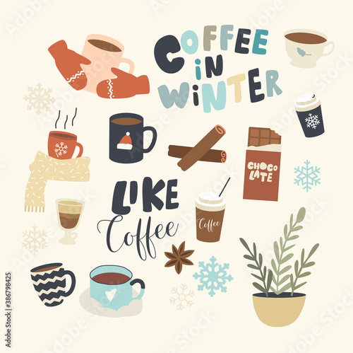 Set of Icons Coffee in Winter Theme Cup and Mug with Hot Beverage, Knitted Scarf and Cinnamon Sticks, Plant, Chocolate