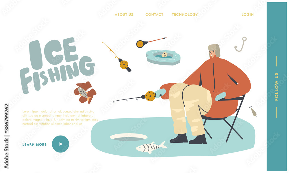 Man Winter Fishing Relaxing Hobby Landing Page Template. Fisherman Character in Warm Clothes and Earflaps Sit with Rod Man Winter Fishing Relaxing Hobby Landing Page Template. Fisherman Character in Warm Clothes and Earflaps Sit with Rod