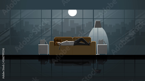 Tired Office man lay down on sofa after come back after work at house. Alone in the dark and light from full moon and lamp. Exhausted people city lifestyle of work hard overtime and overwork scene.