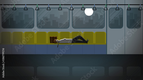 Tired Office man lay down sleep on seat in train public transport. Go back home after job. Alone in dark light from full moon. Exhausted people city lifestyle of work hard overtime and overwork scene.