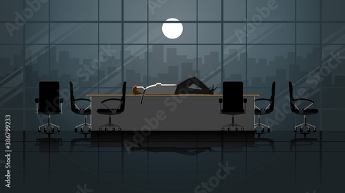 Tired Office man lay down sleep on table after meeting in conference room with messy chair. Alone in dark light from full moon. Exhausted people city lifestyle of work hard overtime and overwork scene